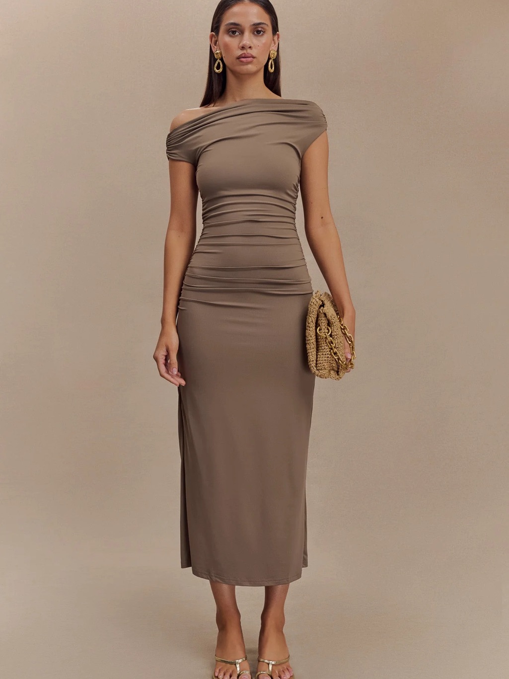 Meshki Alayna Recycled Nylon Midi Dress - Coco Off-Shoulder Bodycon Midi Dress
